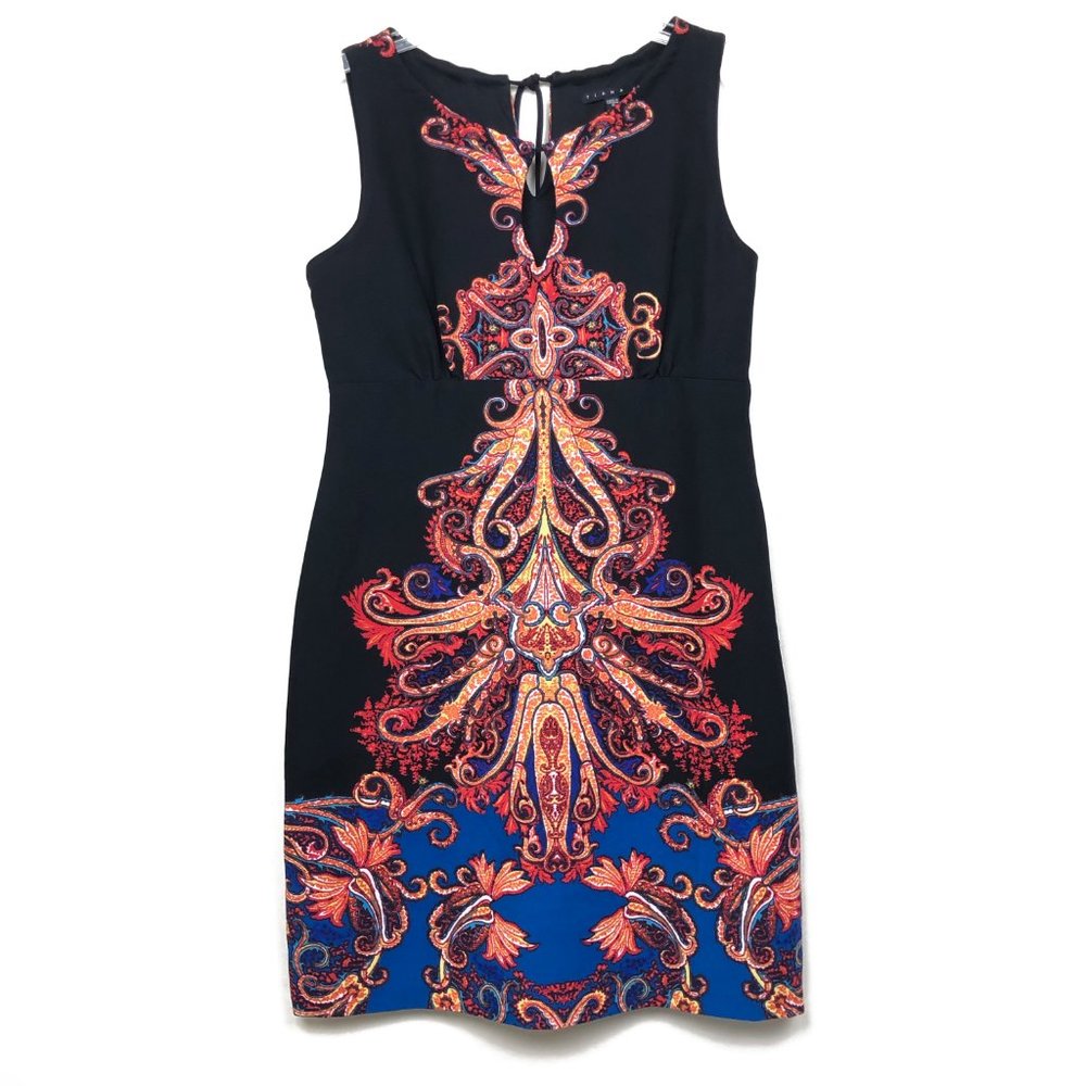 Tiana B Keyhole Black Sleeveless Dress w/Ornamental Design & Corded Neck Tie